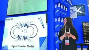 A booth for Chinese AI Startup Moonshot's Kimi K3 during the World: The wider industry impact