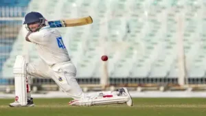 Shahbaz Ahmed plays a shot during the third day of the Ranji Trophy 2025-26 cricket match