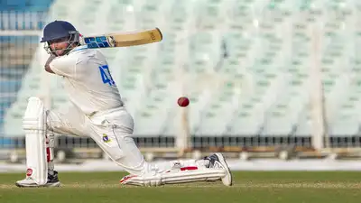 Shahbaz Ahmed plays a shot during the third day of the Ranji Trophy 2025-26 cricket match