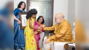 Union home minister Amit Shah celebrated Rakshabandhan on Friday with girls suffering from Type