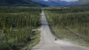 AlaskaOrg reports that there are no petrol stations, restaurants, rest stops or hotels along