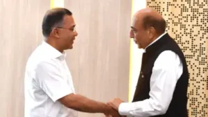 Bangladesh PM Tarique Rahman (L) with Indian high commissioner Dinesh Trivedi in Dhaka Monday