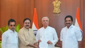 AMMK leader T T V Dhinakaran on Tuesday called on Tamil Nadu Governor R V Arlekar and submitted