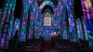 A light projection event at the Afghan Church animates its architecture with art