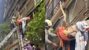 A woman survived a ten-story fall after a tree branch pierced her thigh