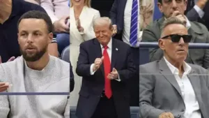 NBA player Steph Curry (L), US President Donald Trump (C) and musician Bruce Springsteen (R)