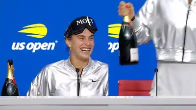 Tennis queen Aryna Sabalenka brings champagne to press conference after US Open victory