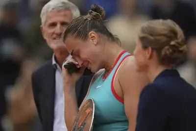 Aryna Sabalenka in tears after the loss in the final to Coco Gauff Image via AP /Thibault