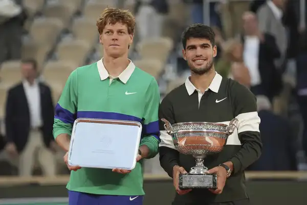 Spain's Carlos Alcaraz reacts after winning the final match of the French Tennis Open