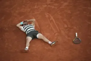 Spain's Carlos Alcaraz reacts after winning the final match of the French Tennis Open