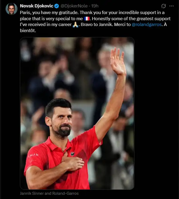 Novak Djokovic applauds the French Open crowd after his loss to Jannik Sinner in the semi-final