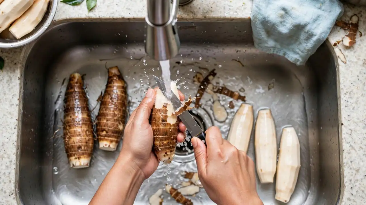 Adding flour to the hands may make a slippery root easier to grip, but it does not remove