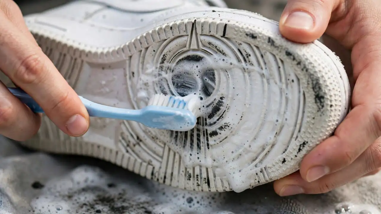 Plain white toothpaste can sometimes help lift light marks from certain sneaker surfaces