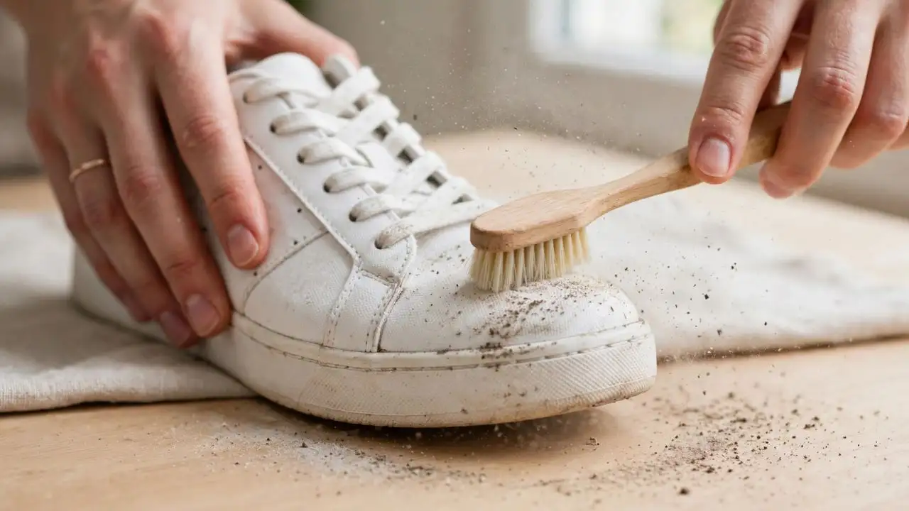 Plain white toothpaste can sometimes help lift light marks from certain sneaker surfaces