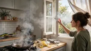 Throwing the burnt food into an uncovered kitchen bin can allow the smell to linger