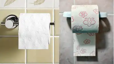 We have often wondered whether the toilet paper should hang over the roll, facing out