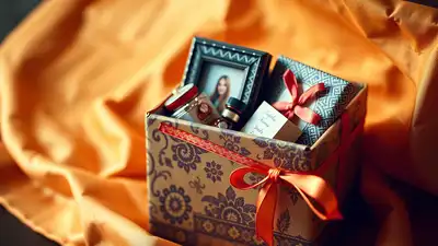 A beautifully wrapped Raksha Bandhan gift box, revealing thoughtful sibling presents