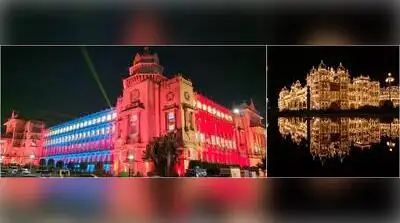 Karnataka's iconic landmarks including Vidhana Soudha in Bengaluru, Mysuru Palace in Mysuru