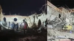 One person died and 10 others were rescued after the upper floor of an under-construction CSI