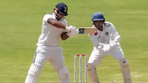 East Zone's Vaibhav Sooryavanshi plays a shot on day three of the Duleep Trophy semi-final