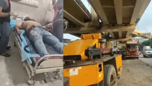 Man seriously injured after cement block falls from bridge — Mira Road Metro work