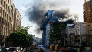 Smoke rises in the aftermath of a Russian jet-powered drone strike, amid Russia's attack