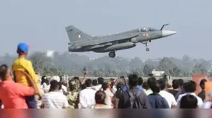 File photo of an LCA Tejas flying during Aero India 2025, as crowds crane their necks