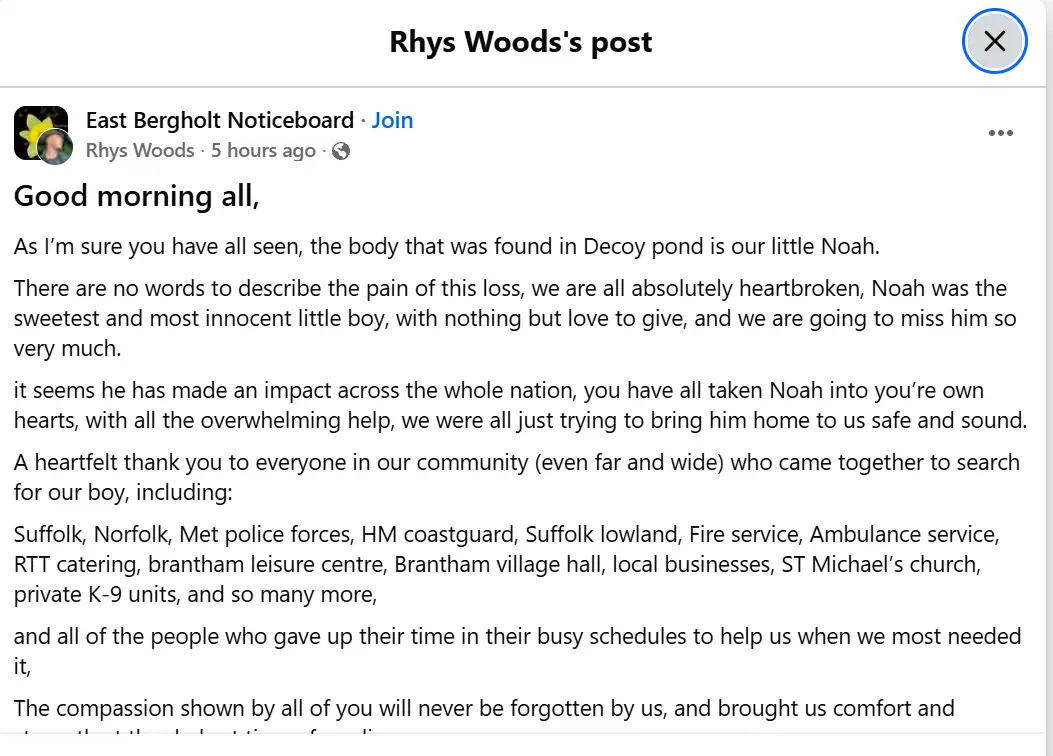 Noah Woods’ father Rhys paid tribute to his three-year-old son after his body was found