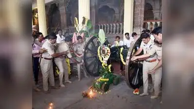 Mysuru police perform puja to cannons at the Mysuru Palace Friday