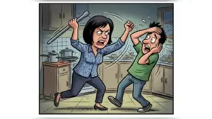He alleged that Sujatha attacked him with a heavy iron object from the kitchen