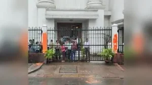 The gates after being painted saffron
