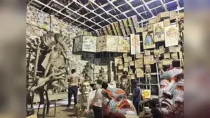 Kolkata: A Durga Puja pandal on Rail Pukur Road near Deshbandhu Nagar in Baguiati is being