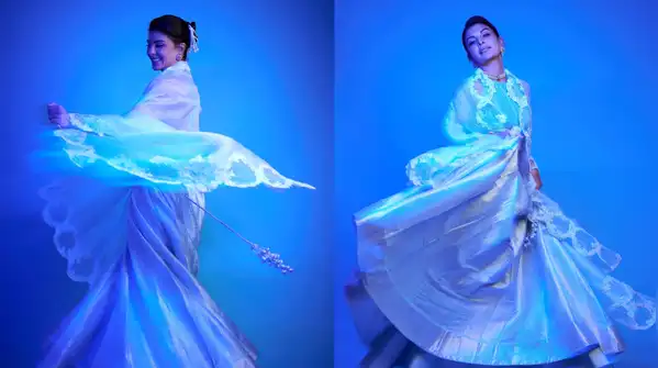 Jacqueline donned an icy-blue lehenga made by Ekaya, featuring a short blouse