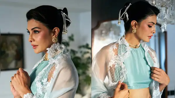 Jacqueline donned an icy-blue lehenga made by Ekaya, featuring a short blouse