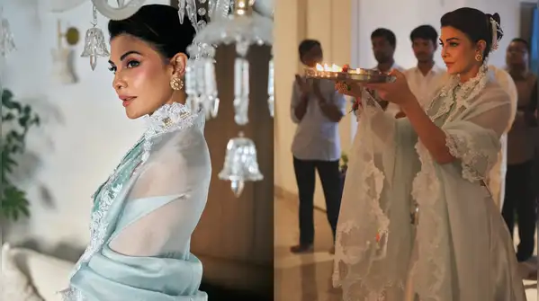 Jacqueline donned an icy-blue lehenga made by Ekaya, featuring a short blouse