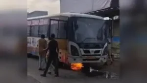 A city bus caught fire at the bus stand near Chhatrapati Sambhajinagar railway station