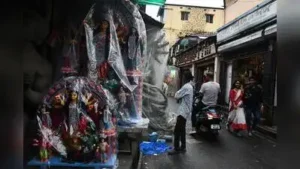 Idols wrapped in plastic sheets at Kumartuli on Thursday: The wider industry impact