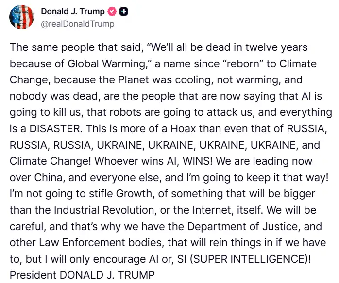 Trump has previously argued that US restrictions on AI could allow China to gain an advantage