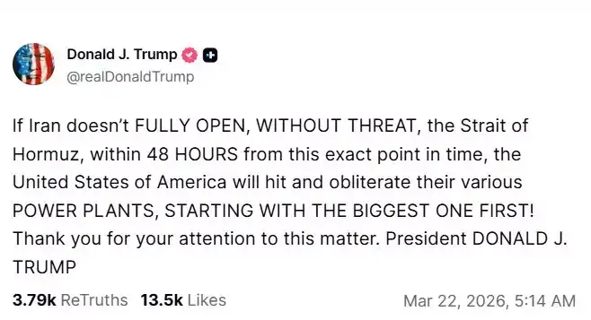 US President Donald Trump on Sunday threatened to strike Iran’s power plants if Tehran did not