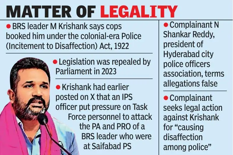 BRS leader M Krishank has alleged that the Hyderabad police booked him under the colonial-era