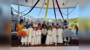 Eight Chhau dancers at an international event in South Korea