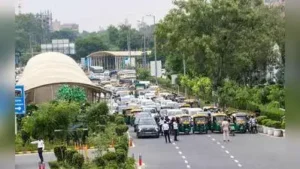 Traffic police personnel manage traffic near Bharat Mandapam as part of preparations