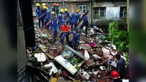 A three-storey house collapsed in Khadia amid rain on Sunday afternoon, killing a 45-year-old