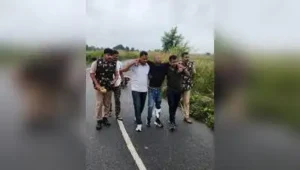 A murder accused was arrested after suffering bullet injury in leg during exchange of fire