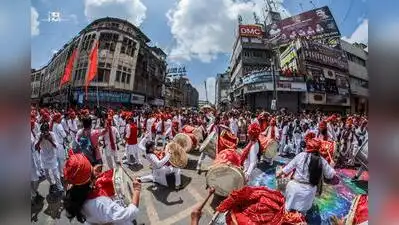 Marathi actor Siddharth Jadhav of the celebrity-led Kalaawant dhol-tasha pathak performs