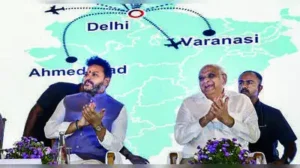 Union minister of civil aviation K Ram Mohan Naidu (L) with Gujarat chief minister Bhupendra