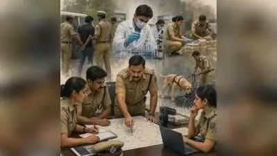 Illustration showing Indian police officers and community members in an urban district setting