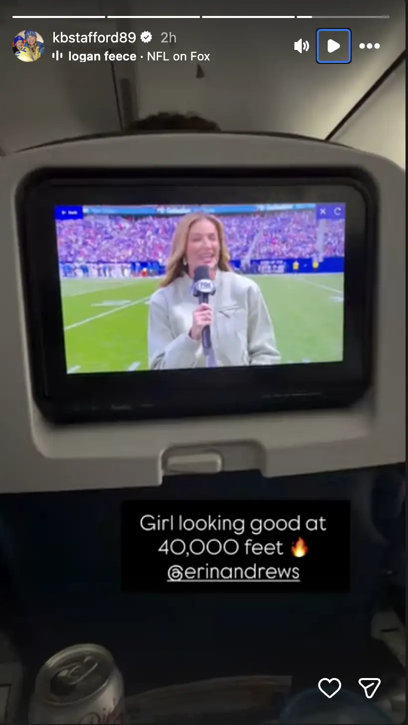 Kelly Stafford was 40,000 feet in the air, watching NFL on Fox off a seatback screen, when she