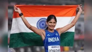 Nagoya: India's Parul Chaudhary celebrates after winning bronze medal during the women’s 5000m