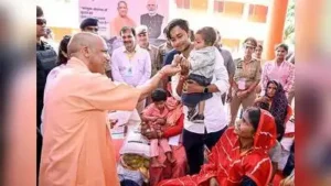 CM Yogi at a relief camp in Chitrakoot on Sunday